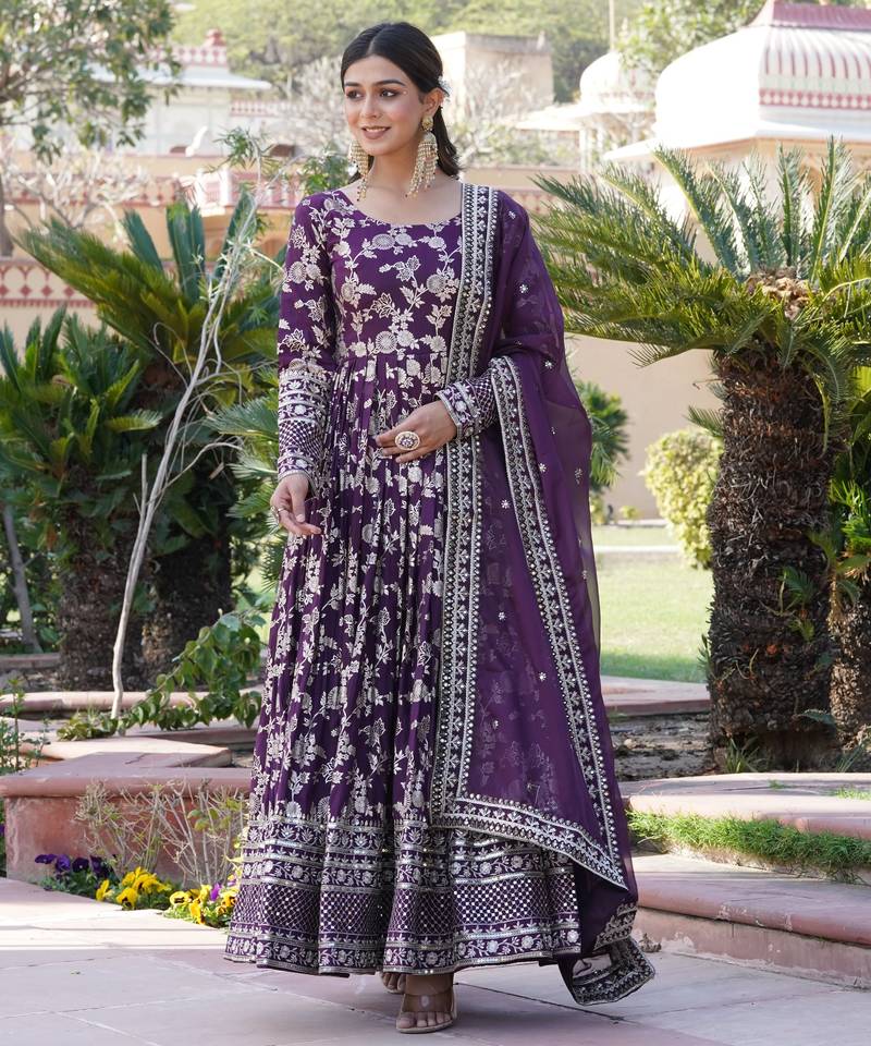 Wine viscose jacqard & sequins embroidered anarkali gown with dupatta