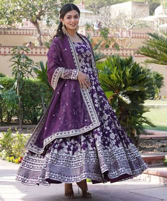 Wine viscose jacqard & sequins embroidered anarkali gown with dupatta 2