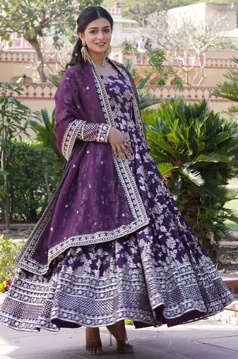 Wine viscose jacqard & sequins embroidered anarkali gown with dupatta