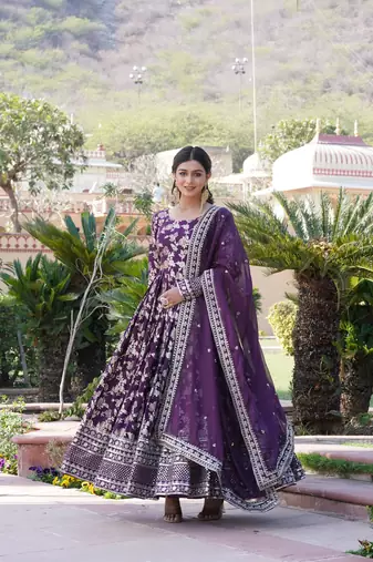 Wine viscose jacqard & sequins embroidered anarkali gown with dupatta