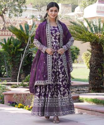 Wine viscose jacqard & sequins embroidered anarkali gown with dupatta 4