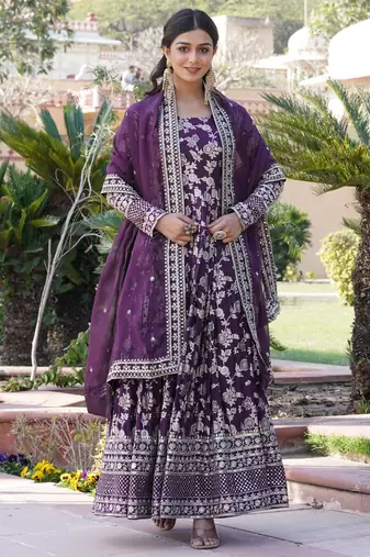 Wine viscose jacqard & sequins embroidered anarkali gown with dupatta