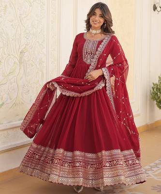 Maroon faux blooming sequins embroidered anarkali gown with dupatta 1