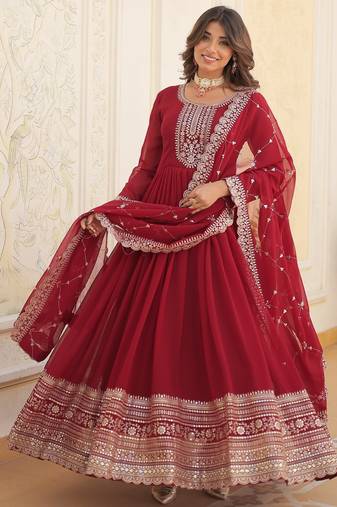 Maroon faux blooming sequins embroidered anarkali gown with dupatta