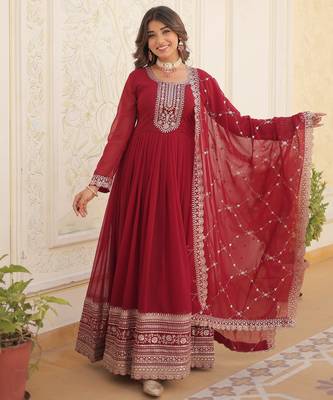 Maroon faux blooming sequins embroidered anarkali gown with dupatta 2