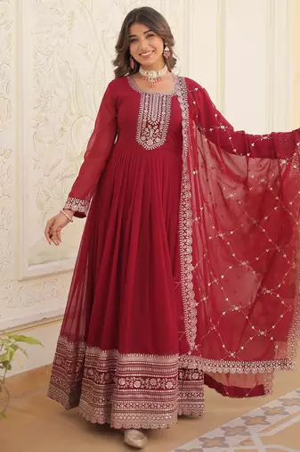 Maroon faux blooming sequins embroidered anarkali gown with dupatta