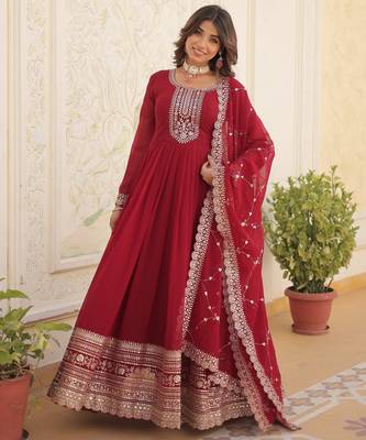 Maroon faux blooming sequins embroidered anarkali gown with dupatta 3