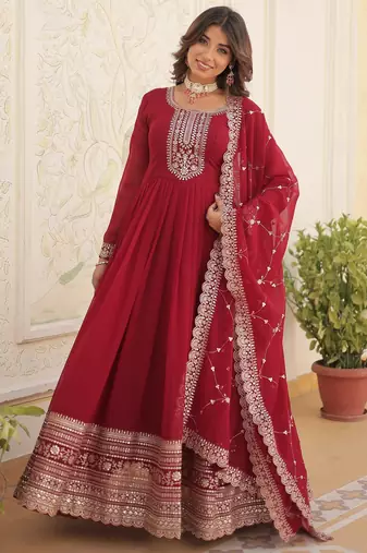 Maroon faux blooming sequins embroidered anarkali gown with dupatta