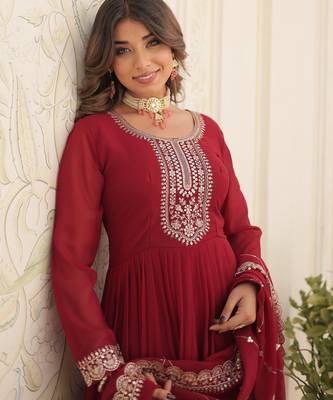 Maroon faux blooming sequins embroidered anarkali gown with dupatta 4