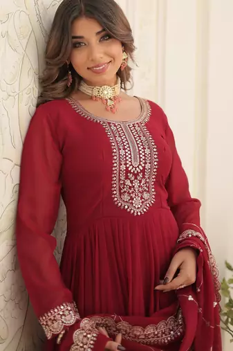 Maroon faux blooming sequins embroidered anarkali gown with dupatta
