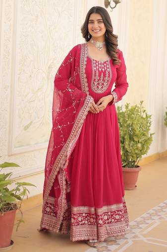 Pink faux blooming sequins embroidered anarkali gown with dupatta