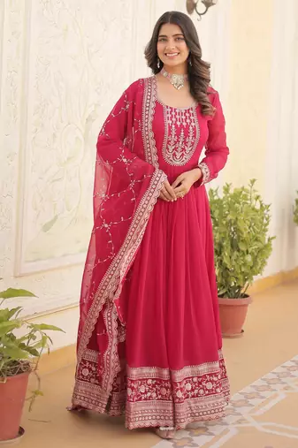 Pink faux blooming sequins embroidered anarkali gown with dupatta