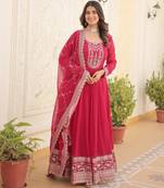 Pink faux blooming sequins embroidered anarkali gown with dupatta