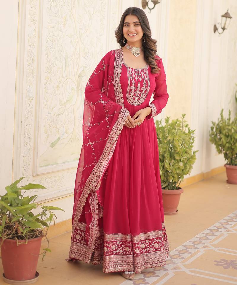 Pink faux blooming sequins embroidered anarkali gown with dupatta