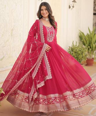 Pink faux blooming sequins embroidered anarkali gown with dupatta 2