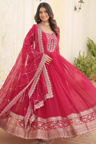 Pink faux blooming sequins embroidered anarkali gown with dupatta