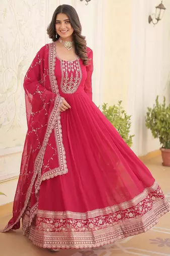 Pink faux blooming sequins embroidered anarkali gown with dupatta