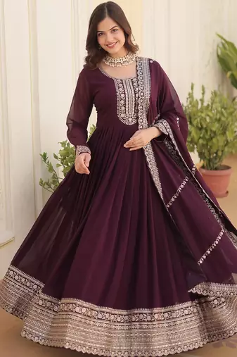 Wine faux blooming sequins embroidered anarkali gown with dupatta