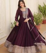 Wine faux blooming sequins embroidered anarkali gown with dupatta
