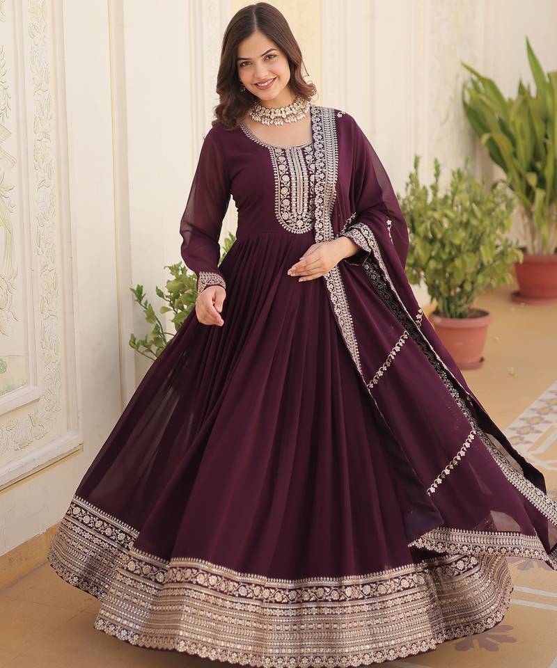 Wine faux blooming sequins embroidered anarkali gown with dupatta