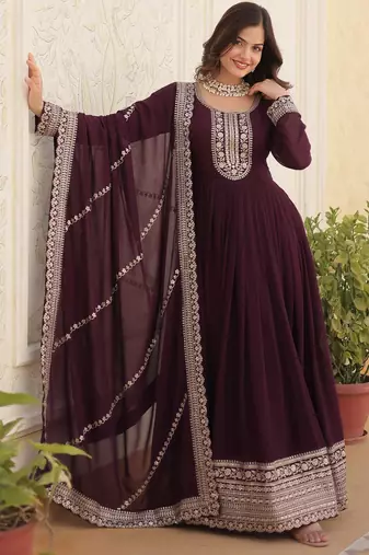 Wine faux blooming sequins embroidered anarkali gown with dupatta