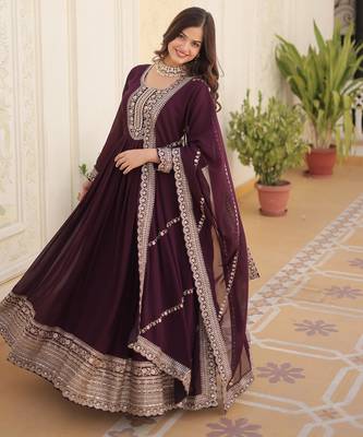Wine faux blooming sequins embroidered anarkali gown with dupatta 3