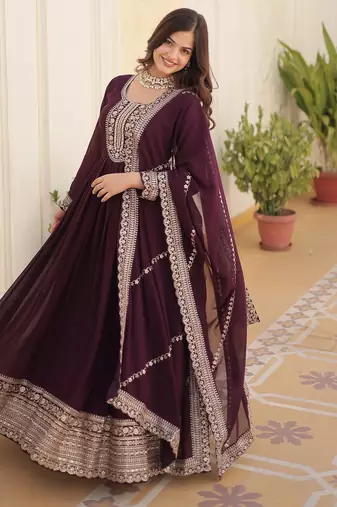 Wine faux blooming sequins embroidered anarkali gown with dupatta