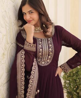 Wine faux blooming sequins embroidered anarkali gown with dupatta 4