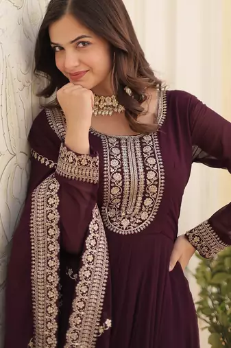 Wine faux blooming sequins embroidered anarkali gown with dupatta