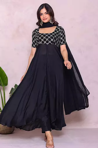 Embroidered black front slit kurta with trousers & dupatta
