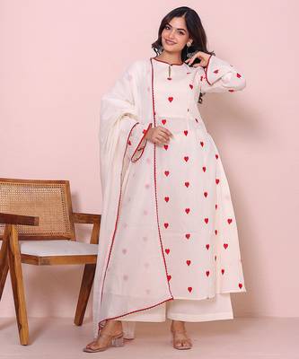 Women thread work pure cotton kurta with palazzos & dupatta 1