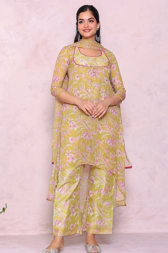 Women floral printed a-line kurta with palazzos & with dupatta