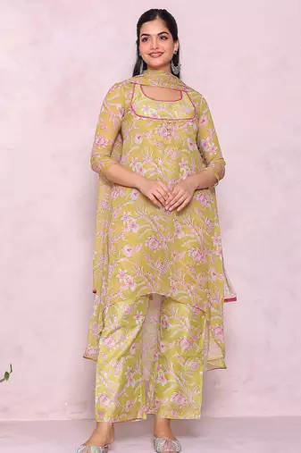 Women floral printed a-line kurta with palazzos & with dupatta