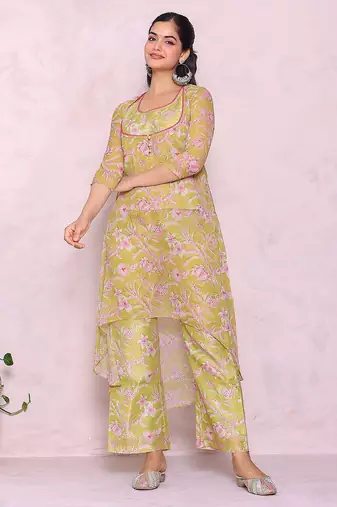 Women floral printed a-line kurta with palazzos & with dupatta