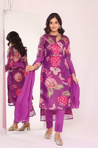 Floral printed angrakha kurta with trousers & dupatta