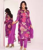 Floral printed angrakha kurta with trousers & dupatta