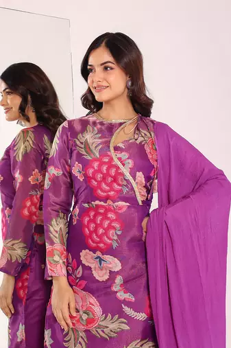 Floral printed angrakha kurta with trousers & dupatta