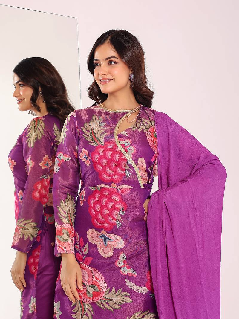 Floral printed angrakha kurta with trousers & dupatta