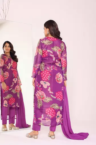 Floral printed angrakha kurta with trousers & dupatta