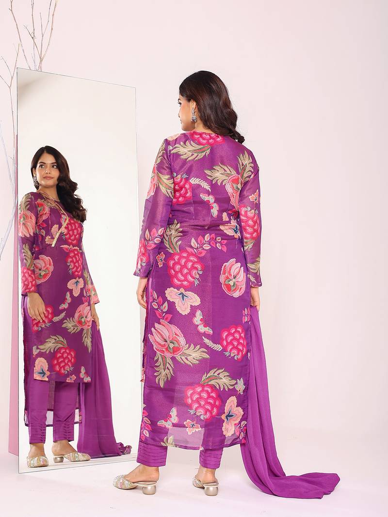 Floral printed angrakha kurta with trousers & dupatta