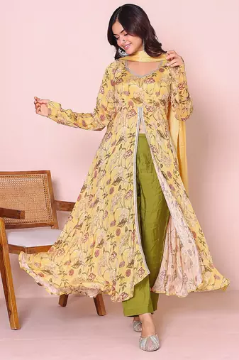 Floral printed v-neck kurta with trousers & dupatta