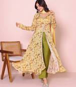 Floral printed v-neck kurta with trousers & dupatta