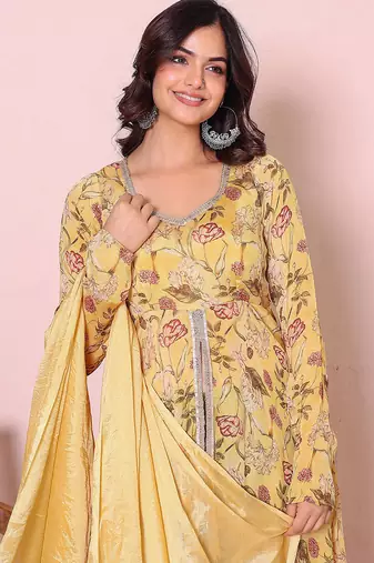 Floral printed v-neck kurta with trousers & dupatta