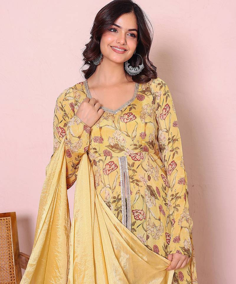 Floral printed v-neck kurta with trousers & dupatta