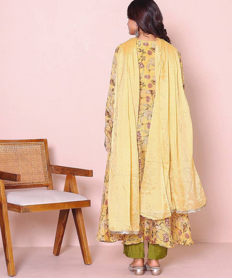 Floral printed v-neck kurta with trousers & dupatta