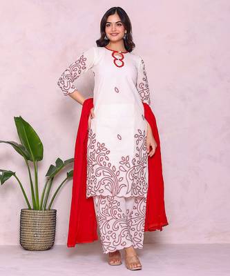 Ethnic motifs embroidered pure cotton kurta with palazzos & dupatta 1