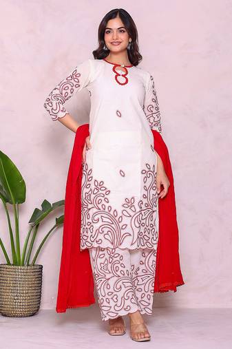 Ethnic motifs embroidered pure cotton kurta with palazzos & dupatta
