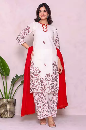 Ethnic motifs embroidered pure cotton kurta with palazzos & dupatta