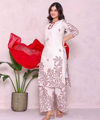 Ethnic motifs embroidered pure cotton kurta with palazzos & dupatta 2