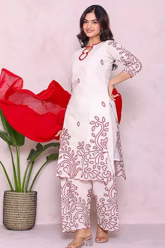 Ethnic motifs embroidered pure cotton kurta with palazzos & dupatta